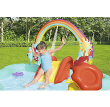 Planschbecken mit Rutsche und Regenbogen-Wassersprüher im Garten mit spielendem Kind.