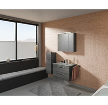 Helles Badezimmer mit Waschbeckenunterschrank, Spiegelschrank und Sitzbank
