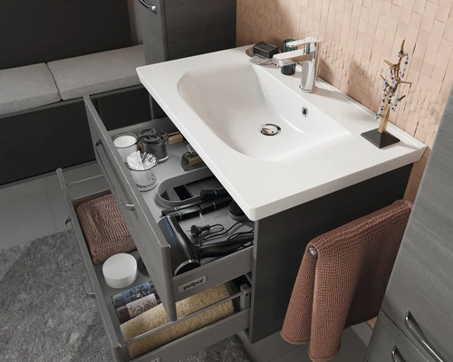 Meuble sous-lavabo de salle de bains avec système de tiroirs ouverts pour le rangement