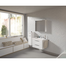 Badezimmer mit Waschtisch, Spiegelschrank und Fensterbank mit Kissen
