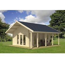 Maison de jardin en bois avec terrasse couverte et toit à pignon