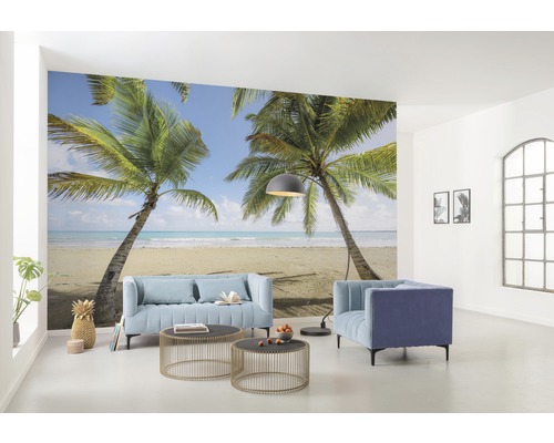 Salon avec papier peint photo représentant une scène tropicale avec des palmiers et une plage, avec des meubles tels qu''un canapé et des fauteuils.