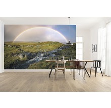 Pièce lumineuse avec un papier peint photo d''un arc-en-ciel au-dessus d''un paysage