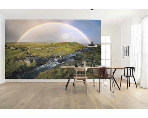 Pièce lumineuse avec un papier peint photo d''un arc-en-ciel au-dessus d''un paysage