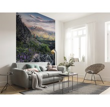 Salon lumineux avec canapé, tapis et papier peint photo avec un motif de montagne