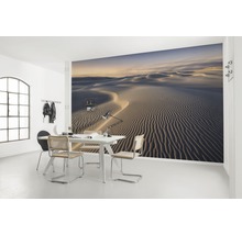 Espace de vie avec un papier peint photo d''un paysage de dunes de sable qui crée une atmosphère calme.