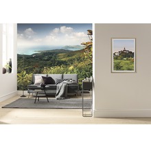 Wohnzimmer mit Fototapete, Sofa, Teppich und Bild