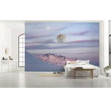 Espace de vie avec papier peint photo paysage de montagne en hiver