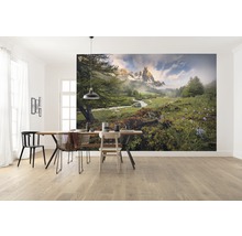 Esszimmer mit Fototapete einer Berglandschaft, Tisch und Stühlen