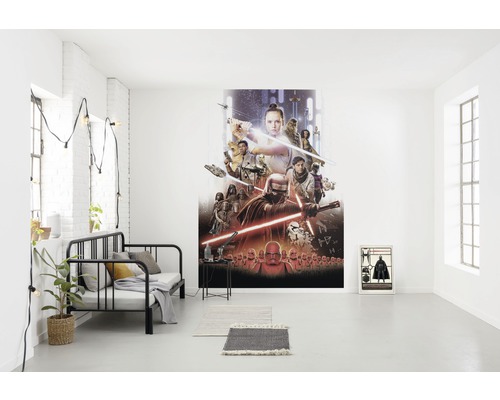 Modernes Wohnzimmer mit Star Wars Wandbild und minimalistischer Einrichtung