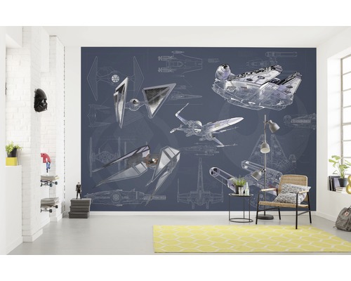 Zimmer mit Star Wars Fototapete mit Raumschiffmotiven.