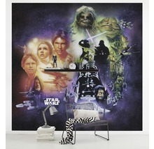 Star Wars Fototapete im Raum mit Regal, Stuhl und Dekoration.