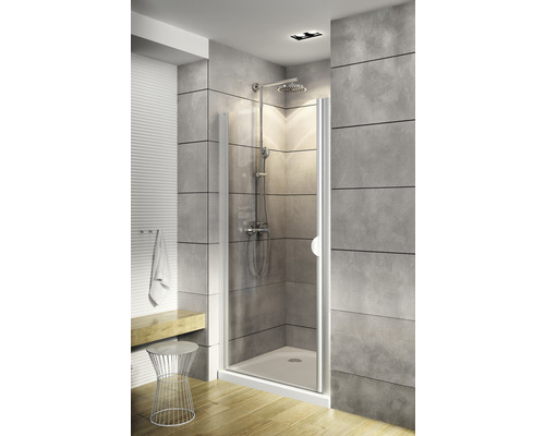 Porte rotative Sunny/Lugano 800 mm en verre véritable transparent Alu-Nature Salle de bains avec cabine de douche avec pomme de douche et robinetterie