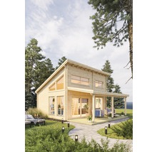 Maison en bois avec jardin et terrasse dans un environnement lumineux