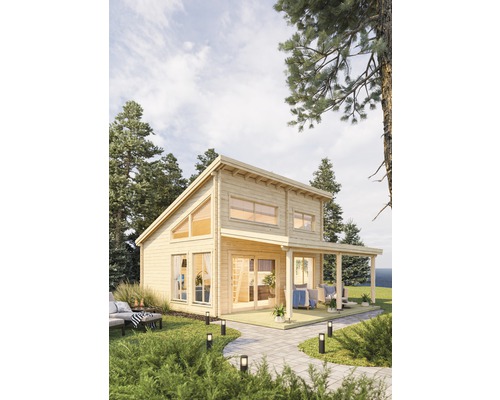 Maison en bois avec jardin et terrasse dans un environnement lumineux