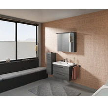 Badezimmer mit Waschtischunterschrank, Spiegelschrank und Fensterbank