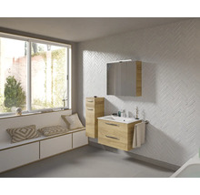 Badezimmer mit Waschbeckenunterschrank, Spiegelschrank und Sitzbank am Fenster