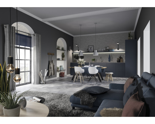 Vue intérieure d''un salon et d''une salle à manger avec canapé, table, chaises et kitchenette