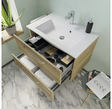 Waschtischunterschrank mit Waschbecken, zwei Schubladen und Badutensilien