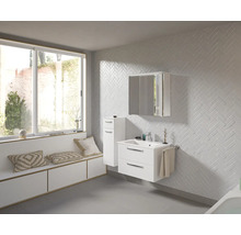 Badezimmer mit Waschbeckenunterschrank, Spiegelschrank und Regal