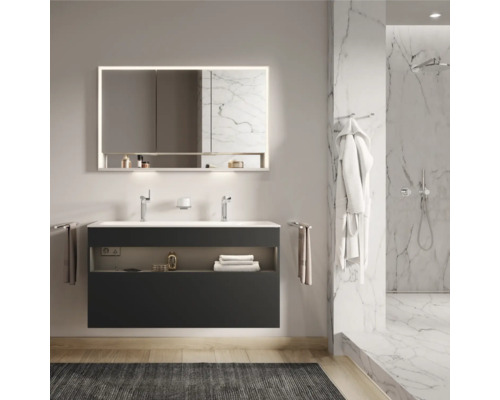 Salle de bains moderne avec meuble-lavabo, armoire de toilette et douche à l''italienne