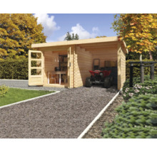 Holzgartenhaus mit geöffneten Türen, einem Büro und einem Quad im Inneren