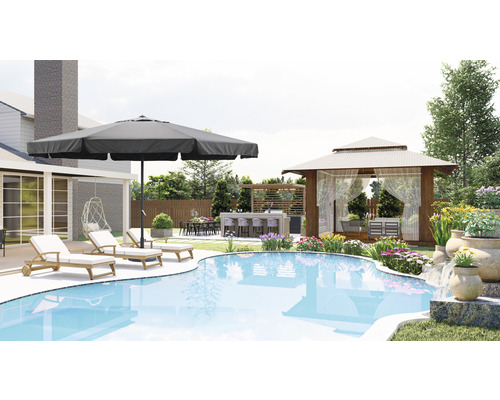 Szene eines Gartens mit Pool, Liegestühlen, Sonnenschirm, Gartenlaube und Außenküche