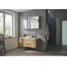 Helles Badezimmer mit Waschtischunterschrank, Spiegel, Dusche und Fenster