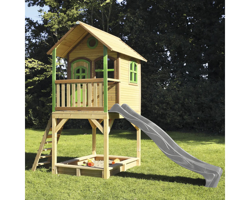 Spielhaus aus Holz mit Rutsche, Leiter und Sandkasten für den Garten