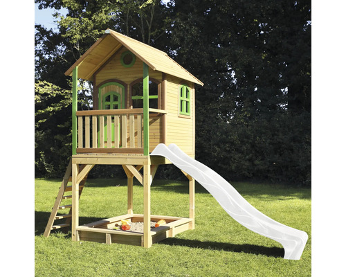 Spielhaus aus Holz mit Rutsche und Sandkasten für den Garten