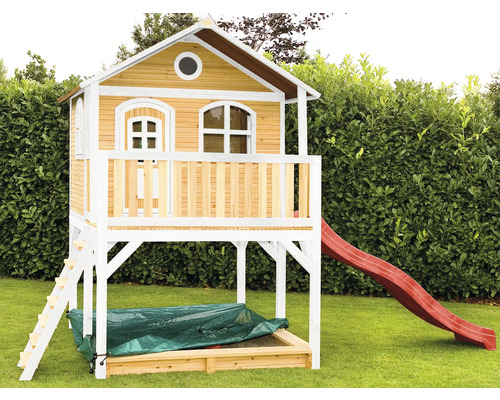Cabane de jeux sur pilotis axi Marc 432 x 212 cm bois marron avec toboggan rouge Cabane de jeu en bois avec toboggan et bac à sable pour le jardin