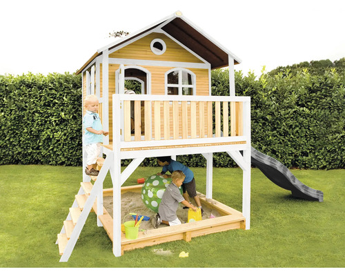 Spielhaus mit Stelzen axi Marc 432 x 212 cm Holz braun weiß inkl. graue Rutsche Spielhaus mit Sandkasten und Rutsche für Kinder im Garten