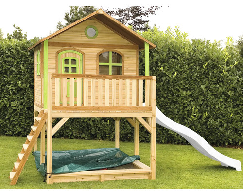 Spielhaus aus Holz mit Rutsche und Sandkasten für den Garten