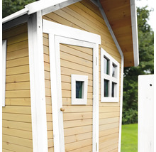Vue détaillée d''une cabane de jeu en bois avec porte et fenêtres.