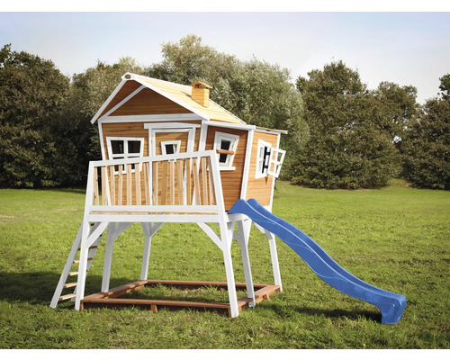 Cabane sur pilotis Jungle Gym Crazy XL en bois avec pont, bac à sable,  toboggan de couleur bleue - HORNBACH Luxembourg