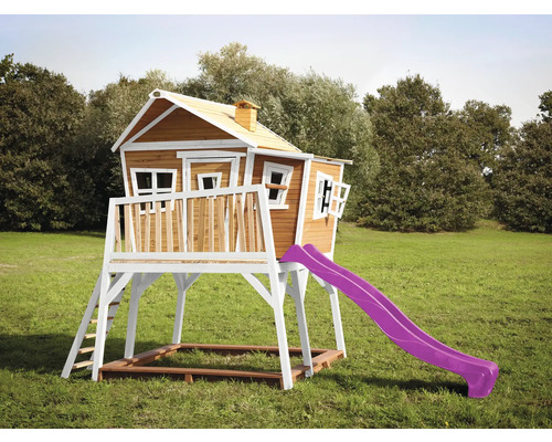 Cabane de jeux sur pilotis axi Max 432 x 193 cm bois marron avec toboggan violet Cabane de jeu pour enfants avec toboggan et bac à sable dans le jardin