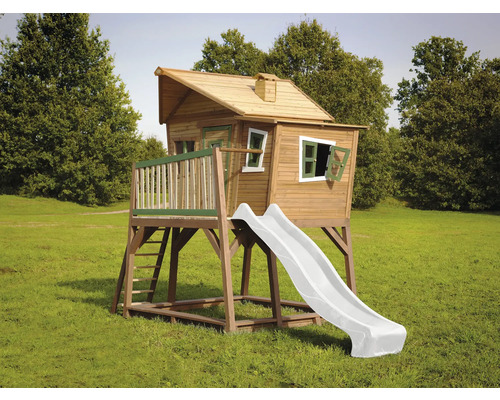 Cabane de jeux sur pilotis axi Max 432 x 193 cm bois marron avec toboggan blanc