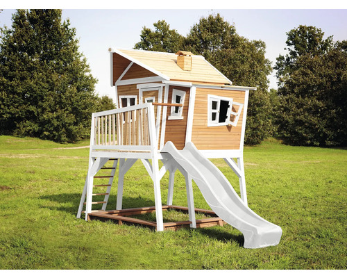 Cabane de jeux sur pilotis axi Max 432 x 193 cm bois marron avec toboggan blanc Maison de jeux en bois avec toboggan pour le jardin