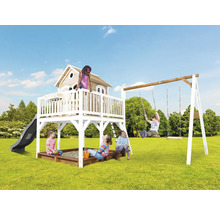 Aire de jeux avec cabane, toboggan, balançoire et bac à sable pour enfants