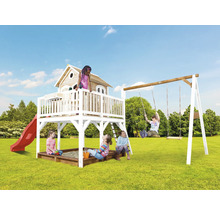 Aire de jeux avec balançoire, bac à sable, toboggan et cabane pour enfants