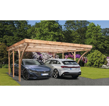Carport aus Holz mit zwei geparkten Autos