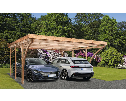 Doppelcarport Liberty mit Aluminium-Dachplatten inkl. 2 Einfahrtsbögen 500 x 510 cm natur