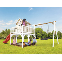 Aire de jeux avec cabane, toboggan, balançoire et bac à sable pour enfants