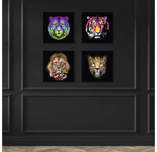 Vier Tierbilder an einer Wand: Tiger, Löwe und Leopard