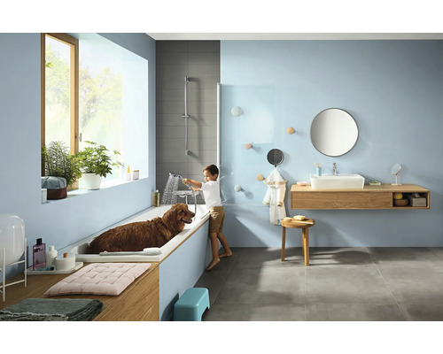 Badezimmer mit Badewanne, Waschbecken, Spiegel, Handtüchern und einem Jungen, der einen Hund in der Badewanne wäscht.