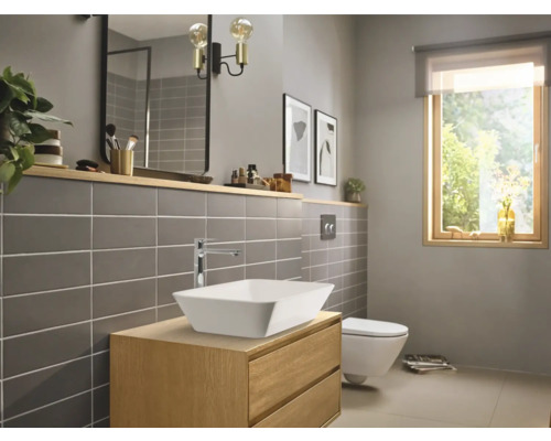 Salle de bains moderne avec meuble-lavabo, lavabo à poser et WC suspendu.