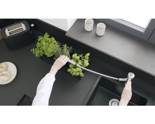 Scène de cuisine avec herbes aromatiques, évier et robinetterie