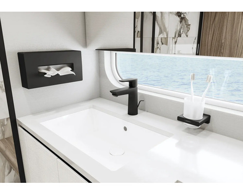 Salle de bain moderne avec lavabo, robinet, distributeur de mouchoirs et porte-brosses à dents.
