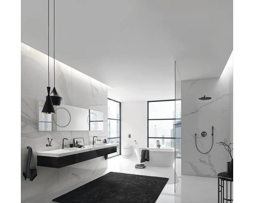 Salle de bains lumineuse avec double vasque, baignoire et douche