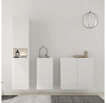Salle de bain avec meuble sous-vasque, armoire suspendue et armoire haute
